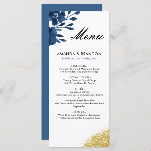 Chic Navy Waterverf Flowers Gold Glitter Wedding Menu (Voorkant / Achterkant)