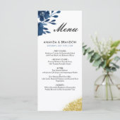 Chic Navy Waterverf Flowers Gold Glitter Wedding Menu (Staand voorkant)