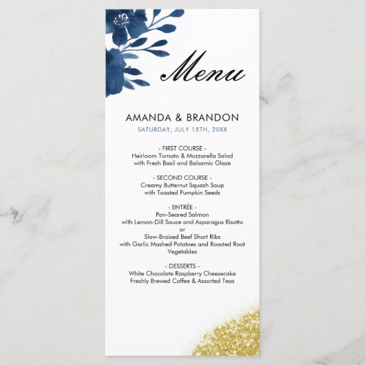 Chic Navy Waterverf Flowers Gold Glitter Wedding Menu (Voorkant)