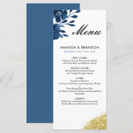 Chic Navy Waterverf Flowers Gold Glitter Wedding Menu