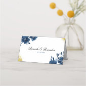 Chic Navy Waterverf Flowers Gold Glitter Wedding Plaatskaartje (Achterkant)