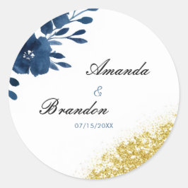 Chic Navy Waterverf Flowers Gold Glitter Wedding Ronde Sticker