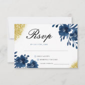 Chic Navy Waterverf Flowers Gold Glitter Wedding RSVP Kaartje (Voorkant)