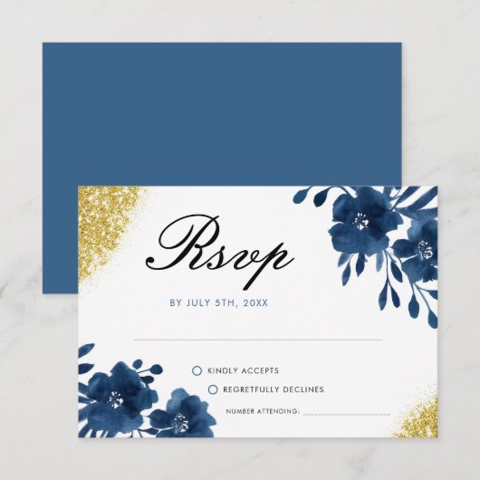 Chic Navy Waterverf Flowers Gold Glitter Wedding RSVP Kaartje (Voorkant / Achterkant)