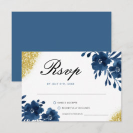 Chic Navy Waterverf Flowers Gold Glitter Wedding RSVP Kaartje
