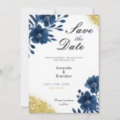 Chic Navy Waterverf Flowers Gold Glitter Wedding Save The Date (Voorkant)