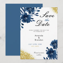 Chic Navy Waterverf Flowers Gold Glitter Wedding Save The Date
