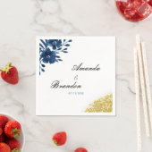 Chic Navy Waterverf Flowers Gold Glitter Wedding Servet (Insitu)