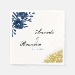 Chic Navy Waterverf Flowers Gold Glitter Wedding Servet
