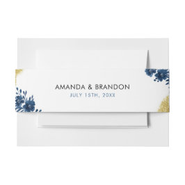 Chic Navy Waterverf Flowers Gold Glitter Wedding Uitnodigingen Wikkel