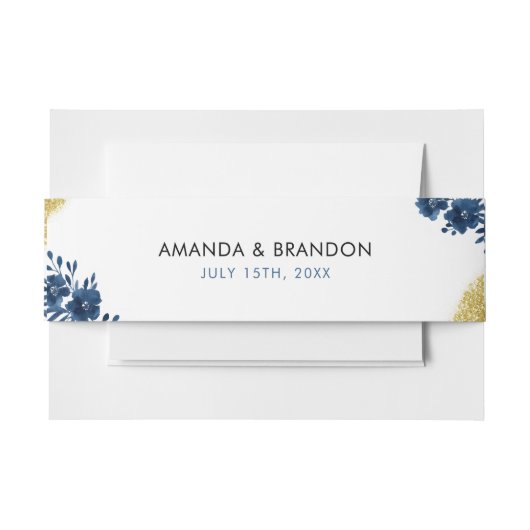 Chic Navy Waterverf Flowers Gold Glitter Wedding Uitnodigingen Wikkel (Voorkant Voorbeeld)