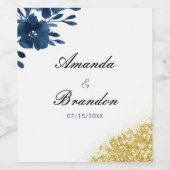 Chic Navy Waterverf Flowers Gold Glitter Wedding Wijn Etiket (Enkel label)