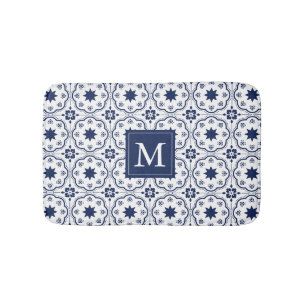 Chic Navy & White Moroccan Floral Pattern Monogram Badmat