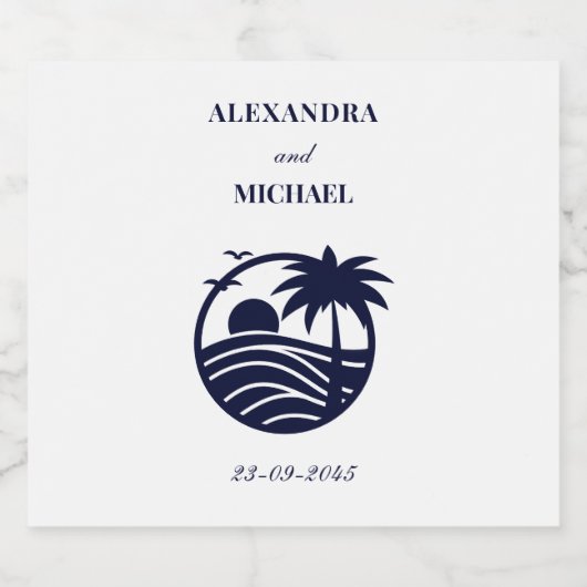 Chic Navy White Palm Tree Coastal Wedding Sparkling Wijnetiket (Enkel label)