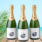 Chic Navy White Palm Tree Coastal Wedding Sparkling Wijnetiket