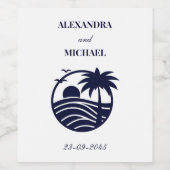 Chic Navy White Palm Tree Coastal Wedding Wijn Etiket (Enkel label)