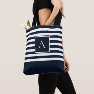 CHIC NAVY WHITE STRIPE Square Letter Monogram Tote Bag