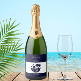 Chic Navy White Stripes Palm Tree Coastal Wedding Sparkling Wijnetiket