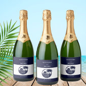 Chic Navy White Stripes Palm Tree Coastal Wedding Sparkling Wijnetiket