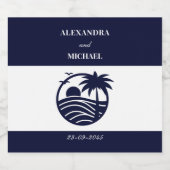 Chic Navy White Stripes Palm Tree Coastal Wedding Sparkling Wijnetiket (Enkel label)