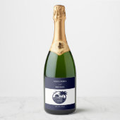 Chic Navy White Stripes Palm Tree Coastal Wedding Sparkling Wijnetiket (Voorkant)