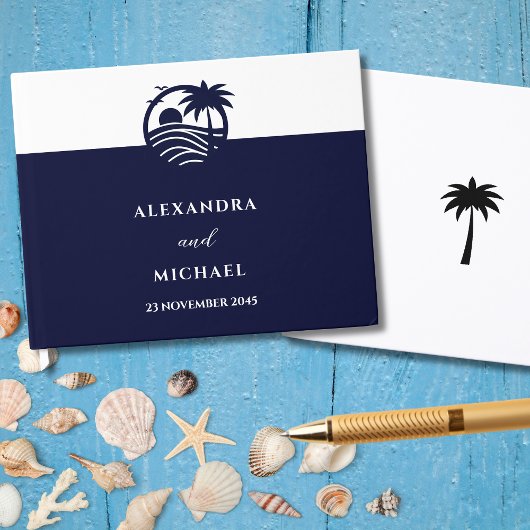 Chic Navy Witte Tropische Palm Tree Coastal Weddin Gastenboek
