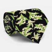 Chic Necktie: Lilies van de vallei op zwart Stropdas (Opgerold)