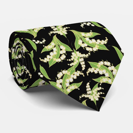 Chic Necktie: Lilies van de vallei op zwart Stropdas (Opgerold)