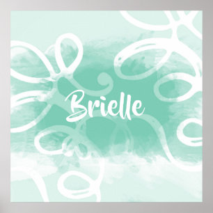 Chic Neo Mint Green Waterverf zwaait met naam Poster