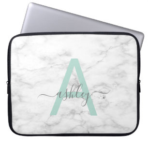 Chic Neo Mint White Marble Script Name Monogram Laptop Sleeve