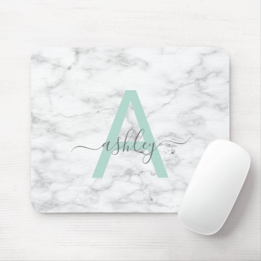 Chic Neo Mint White Marble Script Name Monogram Muismat (Met muis)