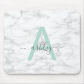 Chic Neo Mint White Marble Script Name Monogram Muismat (Voorkant)