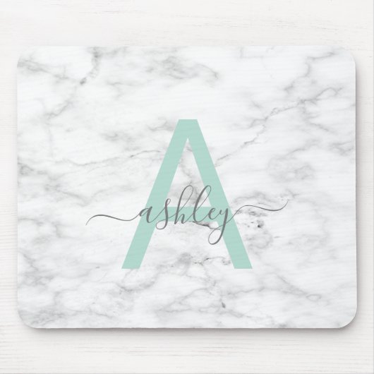 Chic Neo Mint White Marble Script Name Monogram Muismat (Voorkant)