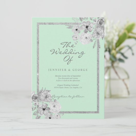 Chic neo mint white Silglitter florale bruiloft Kaart (Staand voorkant)