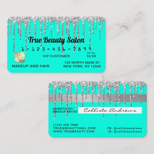 Chic Neon Aqua Silver Glitter Drips Credit Visitekaartje (Voorkant / Achterkant)