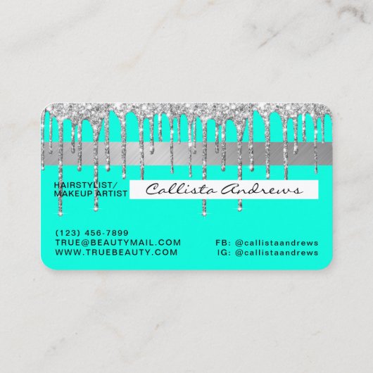 Chic Neon Aqua Silver Glitter Drips Credit Visitekaartje (Achterkant)