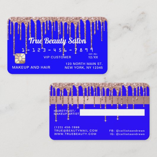 Chic Neon Blue Roos Gold Glitter Drupt Krediet Visitekaartje (Voorkant / Achterkant)
