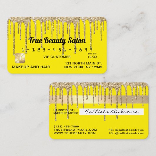 Chic Neon Geel Goud Glitter Drupt Krediet Visitekaartje (Voorkant / Achterkant)