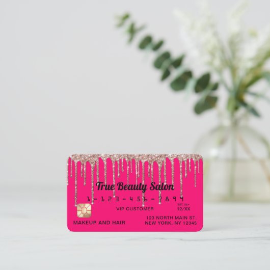 Chic Neon Pink Rose Gold Glitter Druppelt Krediet Visitekaartje (Staand voorkant)