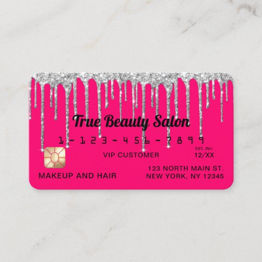 Chic Neon Pink Silver Glitter Drips Credit Visitekaartje (Voorkant)