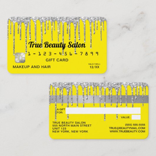 Chic Neon Yellow Silver Glitter Drips Gift Credit Visitekaartje (Voorkant / Achterkant)