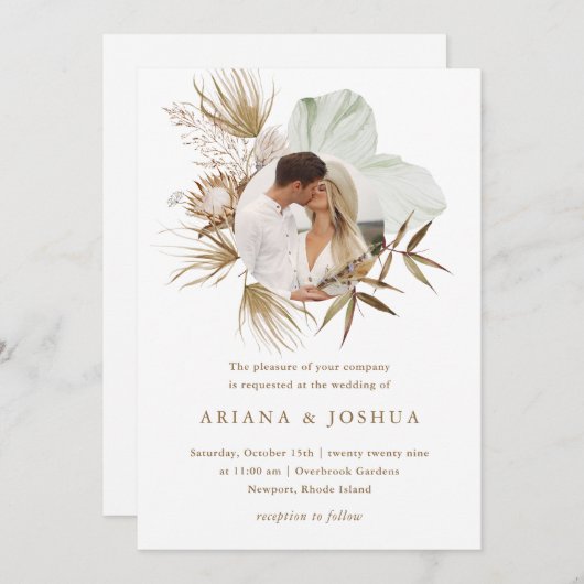 Chic Neutral Boho Wreatfoto Wedding Kaart (Voorkant / Achterkant)