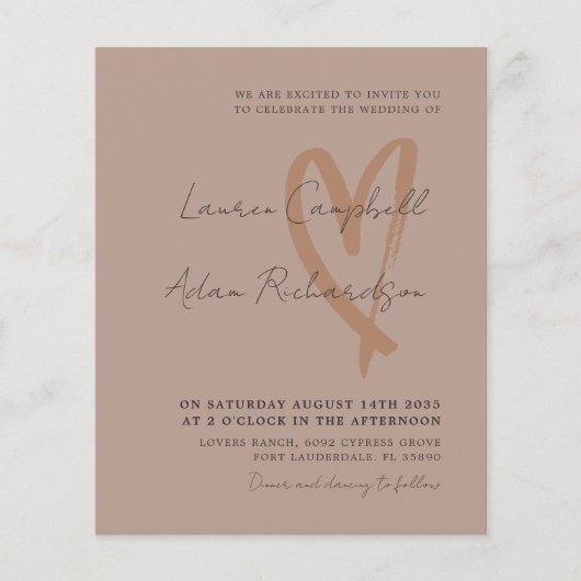 Chic Neutral Drawn Heart BUDGET Wedding Invitation (Voorkant)