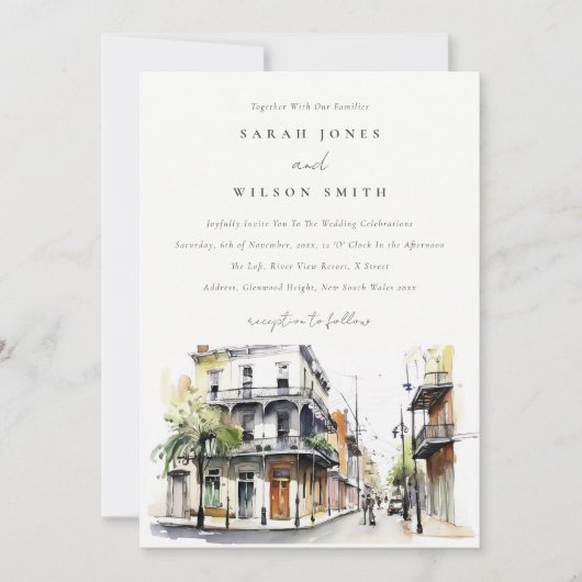 Chic New Orleans Louisiana Waterverf bruiloft Kaart (Voorkant)