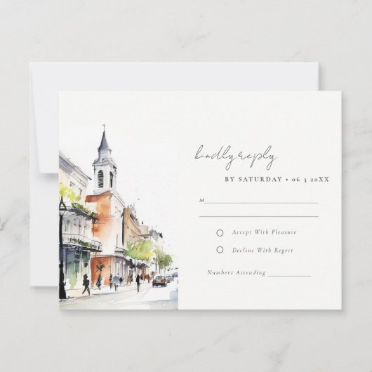 Chic New Orleans Louisiana Waterverf bruiloft RSVP Kaartje (Voorkant)