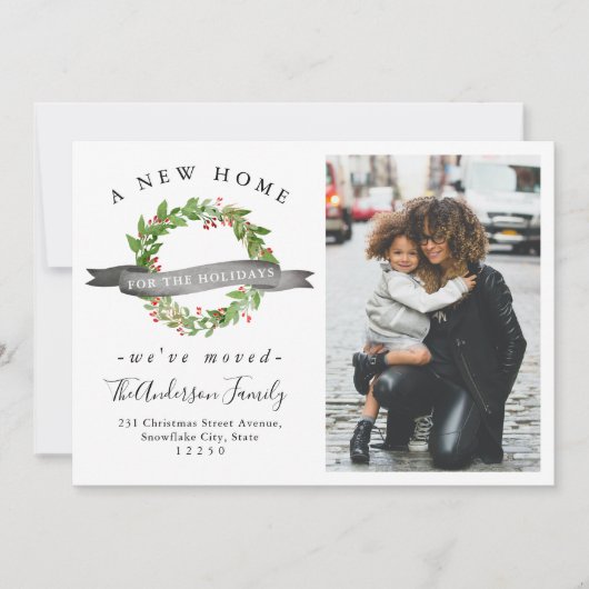 Chic Nieuw Huis Voor De Feestdagen Krans Foto Bewe Aankondiging (Voorkant)