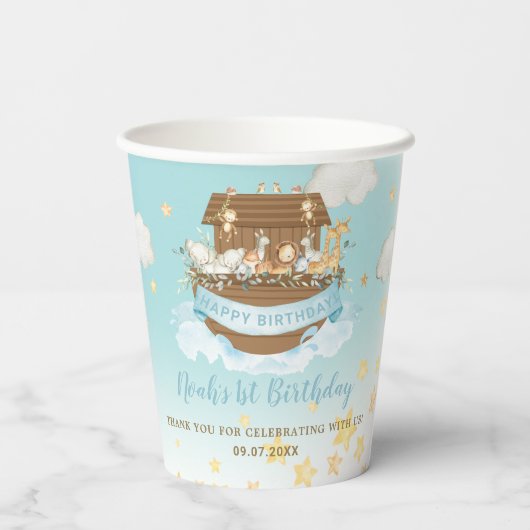 Chic Noah's Ark Blue Boy 1e 2e 3e verjaardag Papieren Bekers (Achterkant)