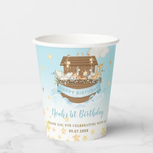 Chic Noah's Ark Blue Boy 1e 2e 3e verjaardag Papieren Bekers (Voorkant)