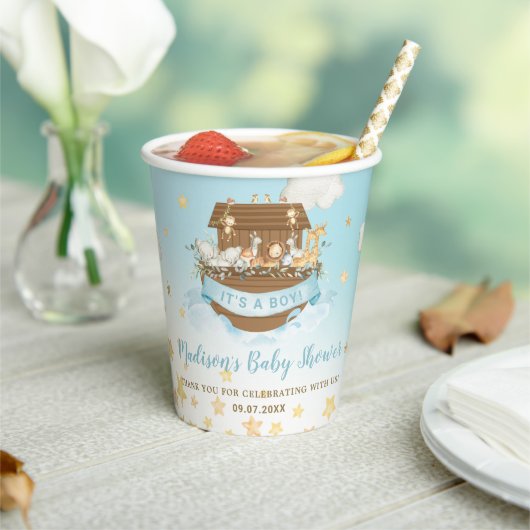 Chic Noah's Ark Cute Animals Blue Boy Baby shower Papieren Bekers (Insitu)