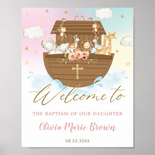 Chic Noah's Ark Girl Baptism Christening Welkom Poster (Voorkant)